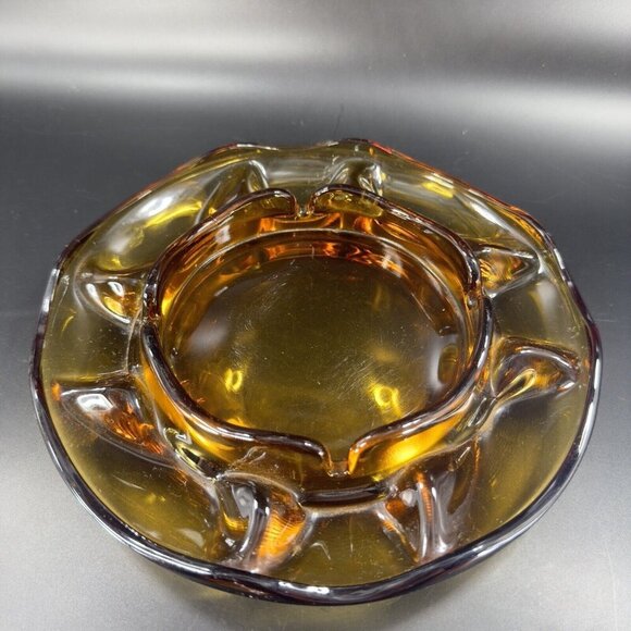 1960s Vintage Amber Glass Ashtray Dish Wavy Edges Vintage Glass Decor 8 In Wide - Picture 10 of 15